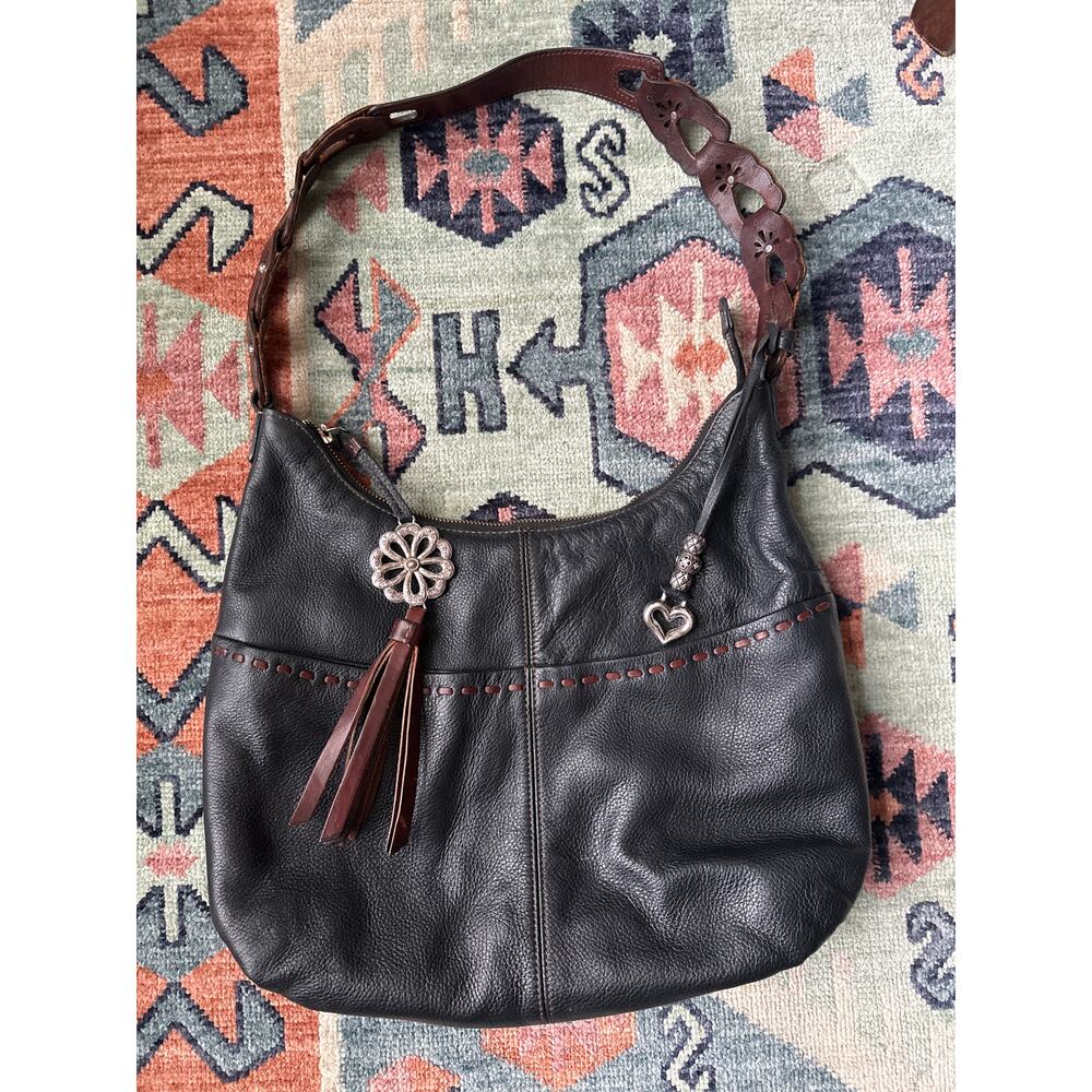 Vintage Brighton Black Leather Hobo Bag with Charms & Tassel Detail Boho Western
